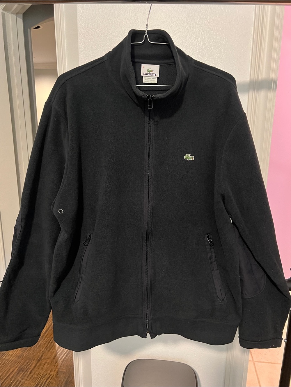 Lacoste Black Fleece Zip Jacket with Small Green Crocodile